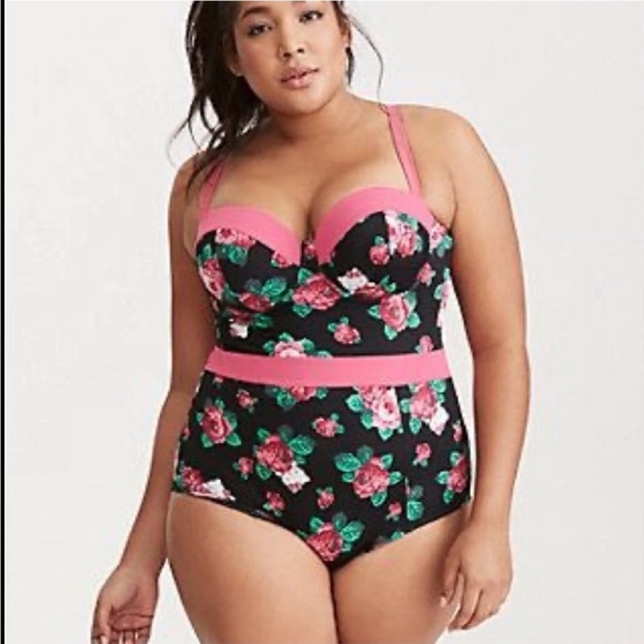 Torrid x Hello Kitty Black and Pink Floral Underwire Strapless One Piece Suit. 1 - Picture 12 of 14